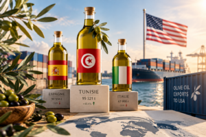 Bouteilles d’huile d’olive tunisienne, espagnole et italienne illustrant la position de la Tunisie en tête des fournisseurs du marché américain en 2026.