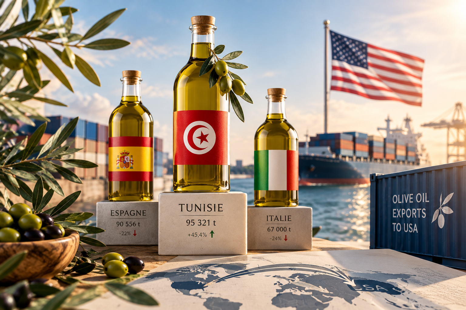 Bouteilles d’huile d’olive tunisienne, espagnole et italienne illustrant la position de la Tunisie en tête des fournisseurs du marché américain en 2026.