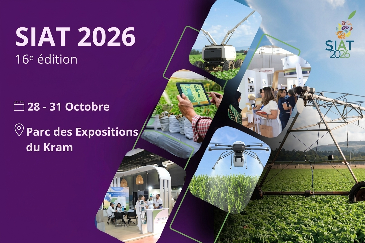 Affiche du SIAT 2026, 16e édition, qui se tiendra du 28 au 31 octobre au Parc des Expositions du Kram, illustrée par des technologies agricoles innovantes (drones, robots, tablettes et systèmes d'irrigation).