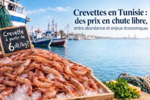 Crevettes fraîches sur un étal de marché en Tunisie