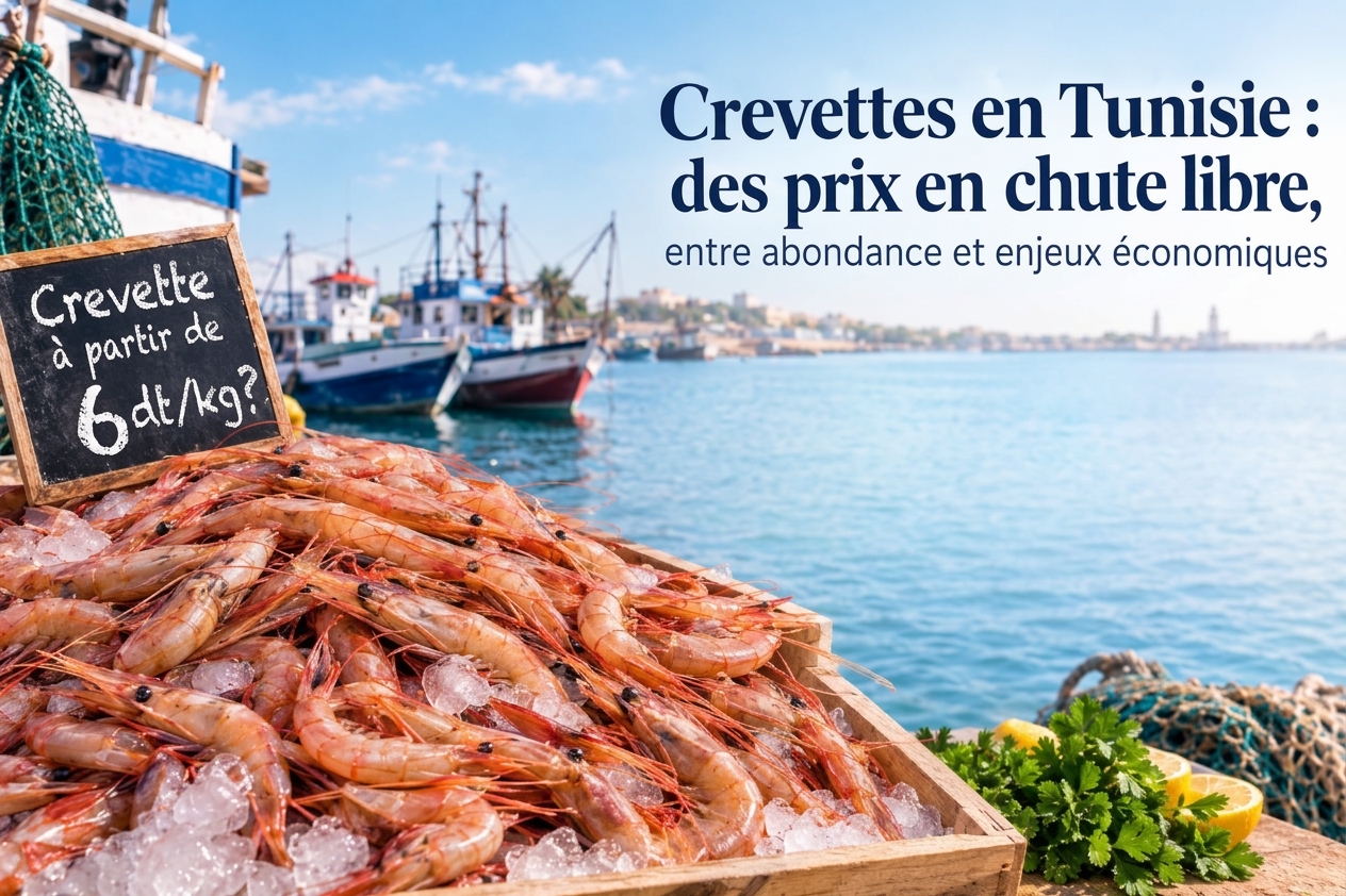 Crevettes fraîches sur un étal de marché en Tunisie